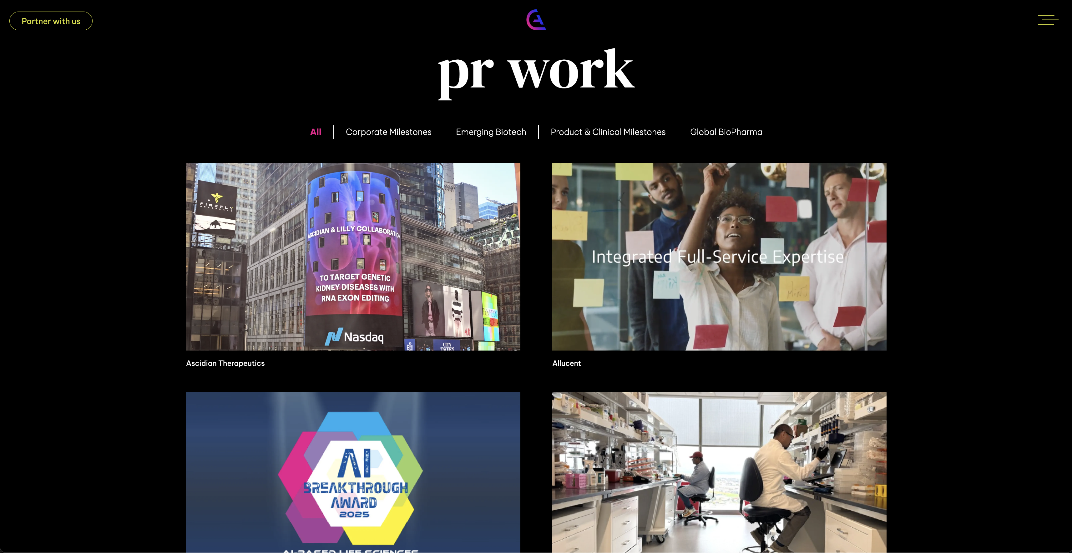 PR Work page with category filter bar