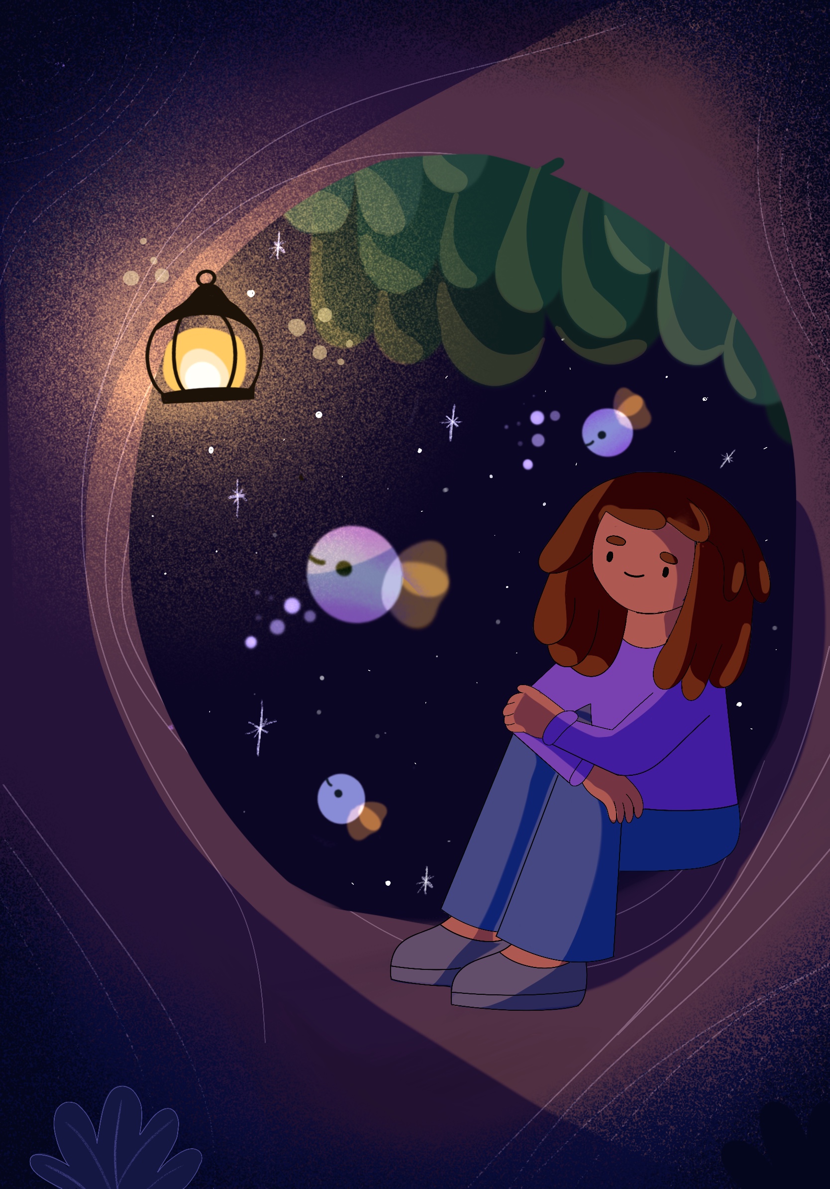 Illustration of a girl sitting in a tree hollow at night with a lantern and glowing fish