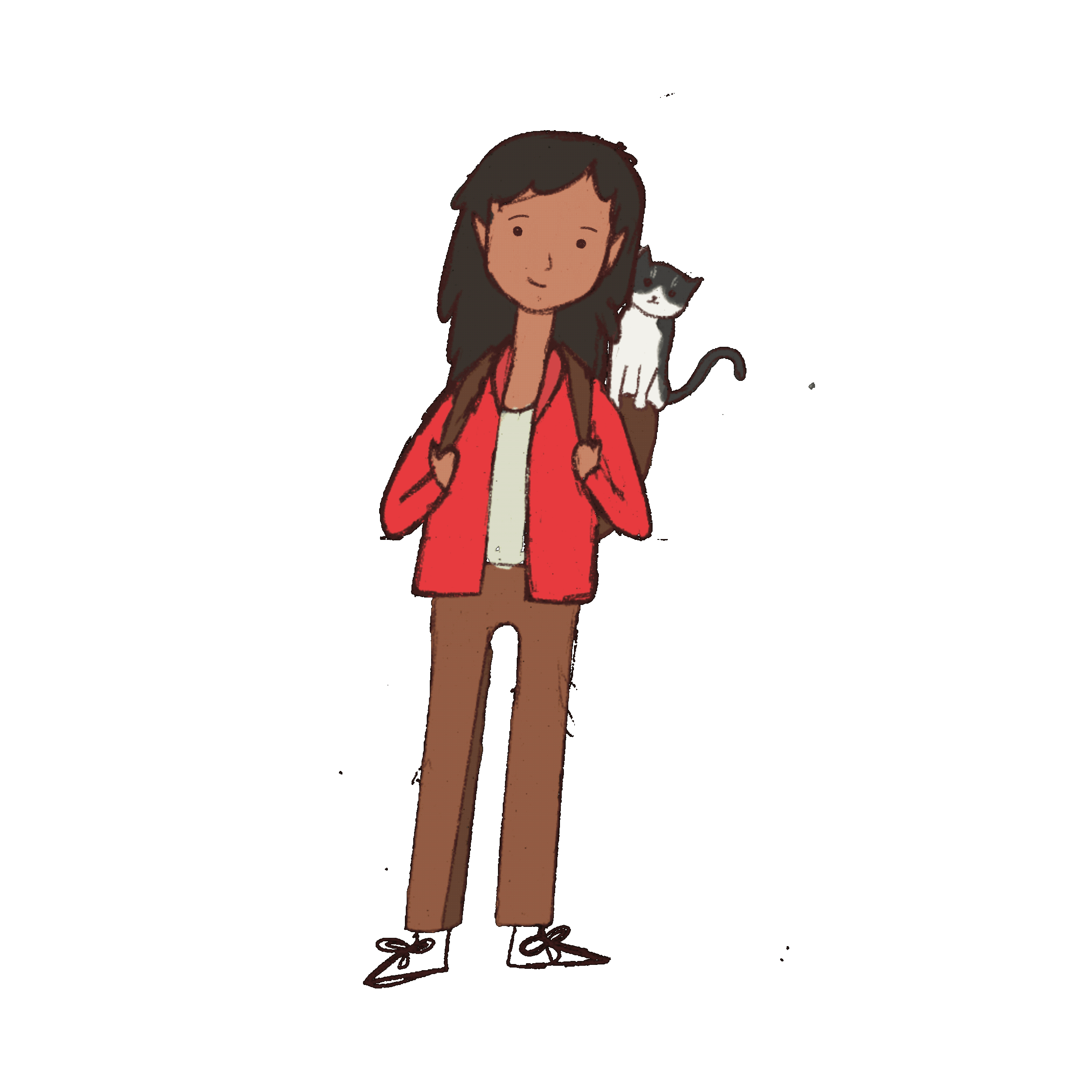 Animated illustration of a girl with a backpack and a cat on her shoulder